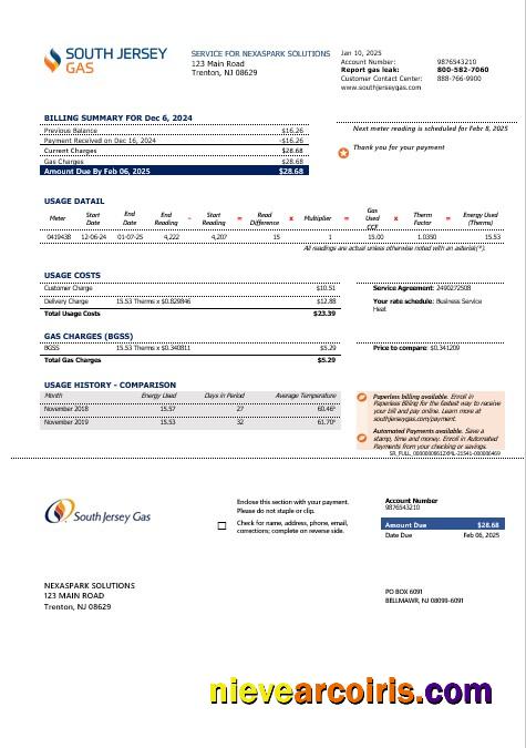 USA New Jersey gas business utility bill